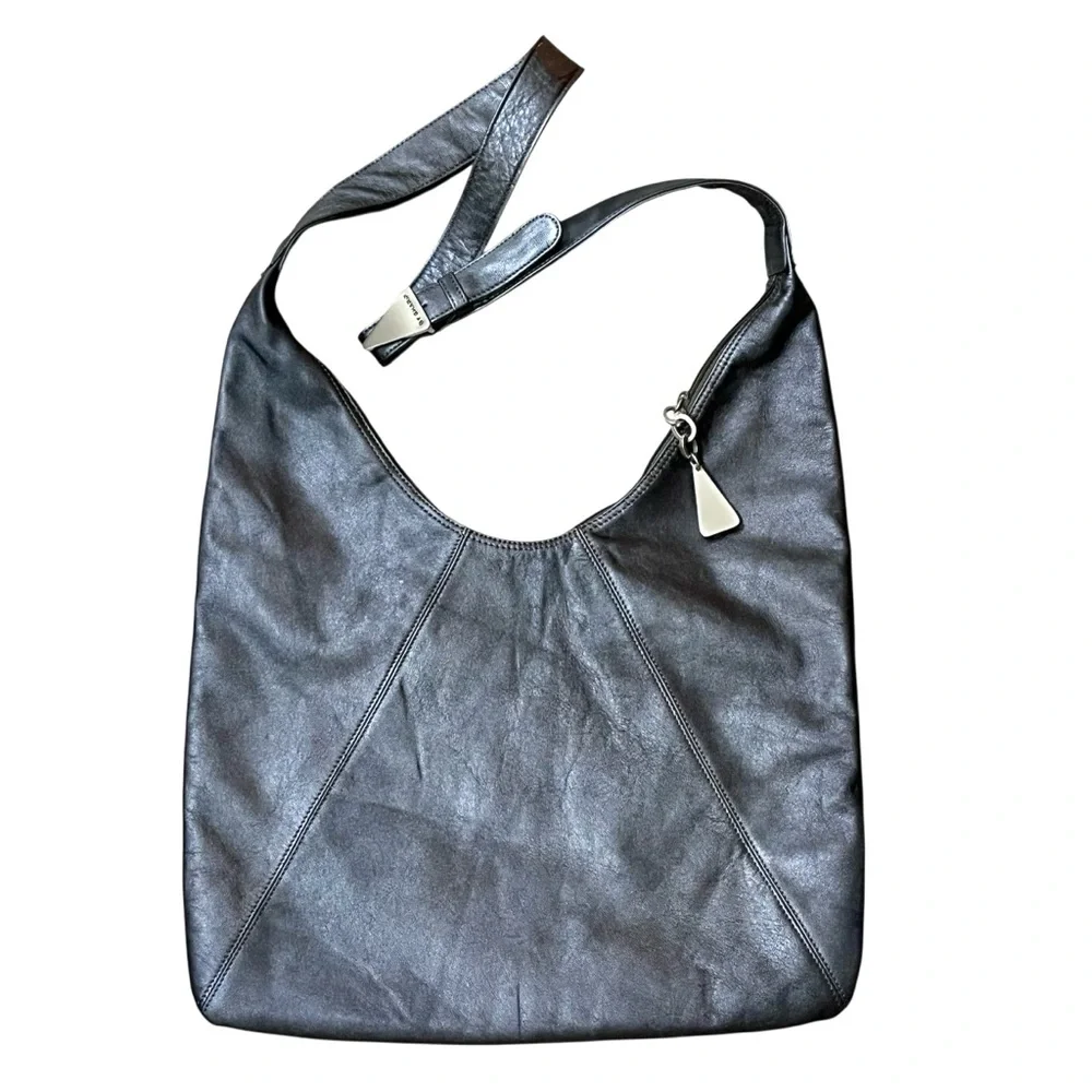 Sharif Leather Hobo Crossbody Bag Pewter Gray Metallic Slouch Shoulder Purse